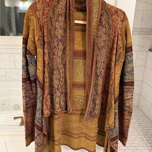 Peruvian Connection Gold and Wine Patterned Waterfall Cardigan